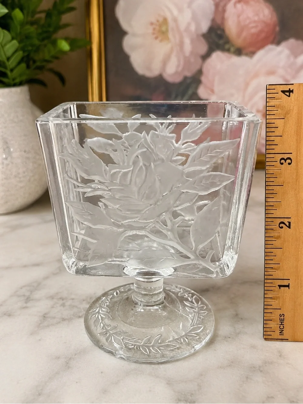 Vintage Etched Glass Footed Vase Compote Floral Rose Square Bowl 4”